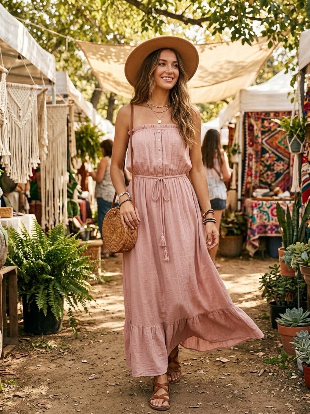 🌸 Bluivy Strapless Blush Pink Gauze Maxi Dress (Size M) 🌸